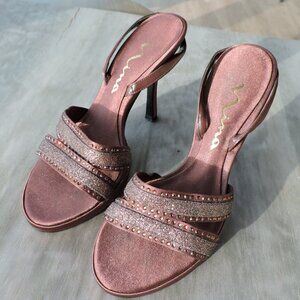 Nina Brown Satin Dress Stiletto Heel, Cocktail Strappy Sandal Rhinestones Size 6